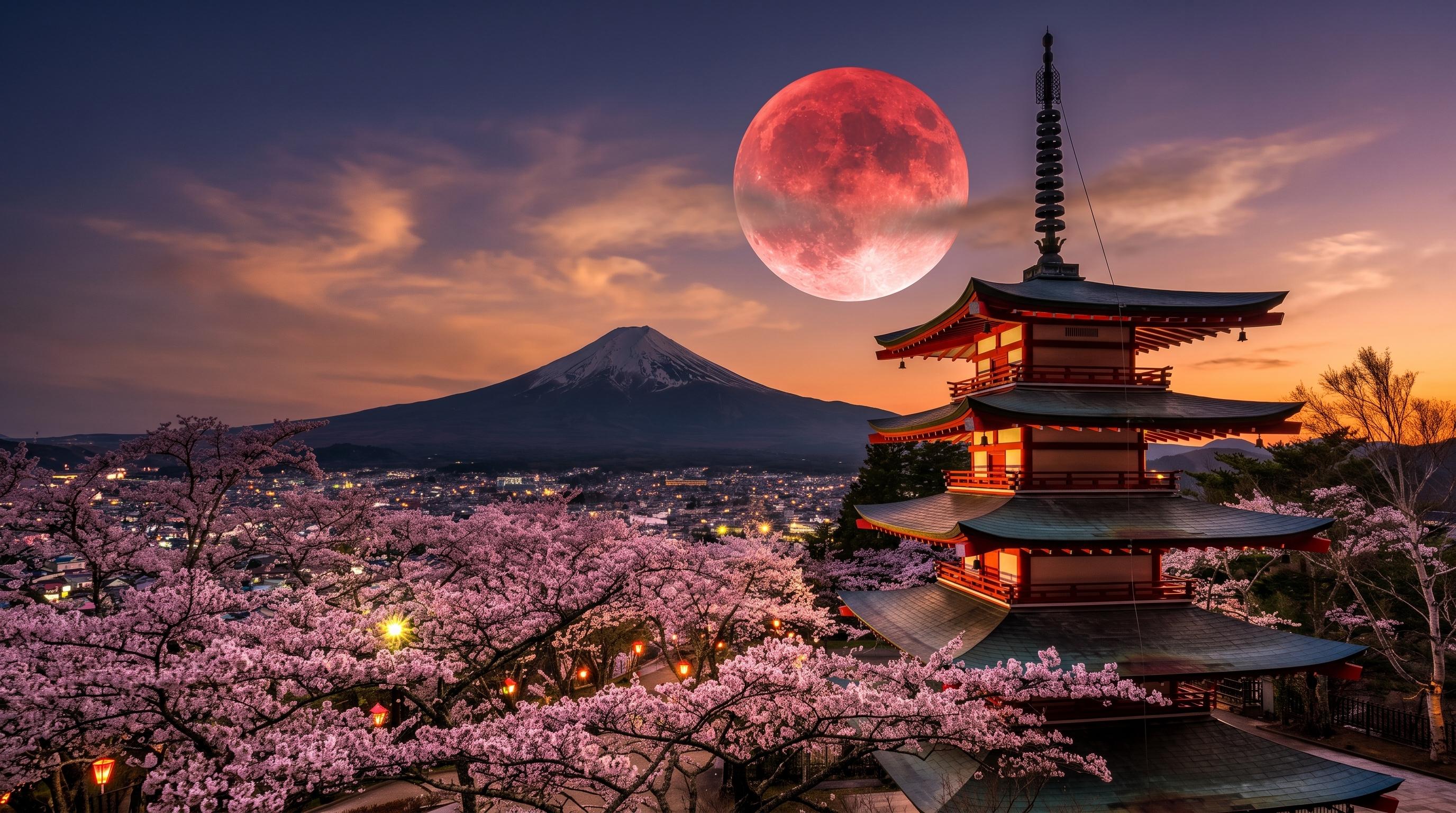 Mount Fuji with the Chureito Pagoda and cherry blossoms